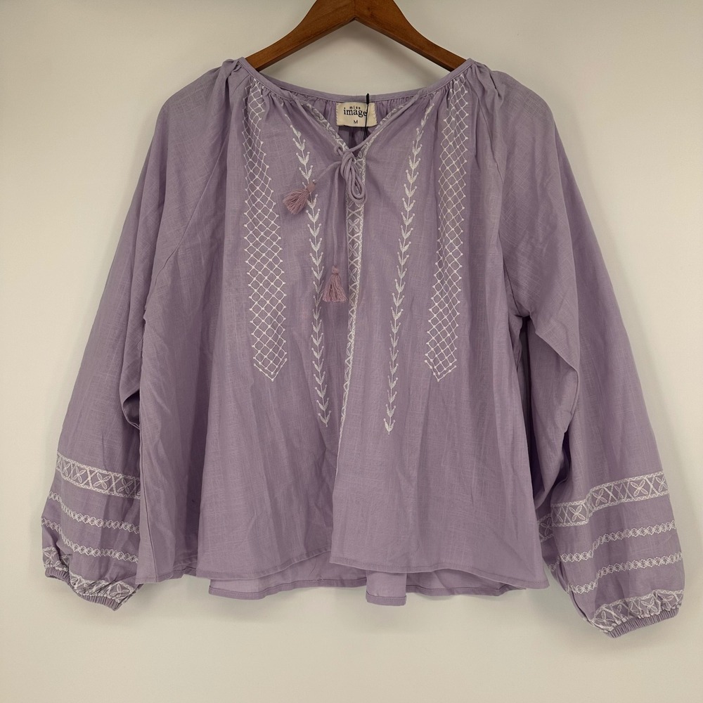 Boho Embroidered Blouse Women Medium Tassel Purple Cotton Casual Cottagecore